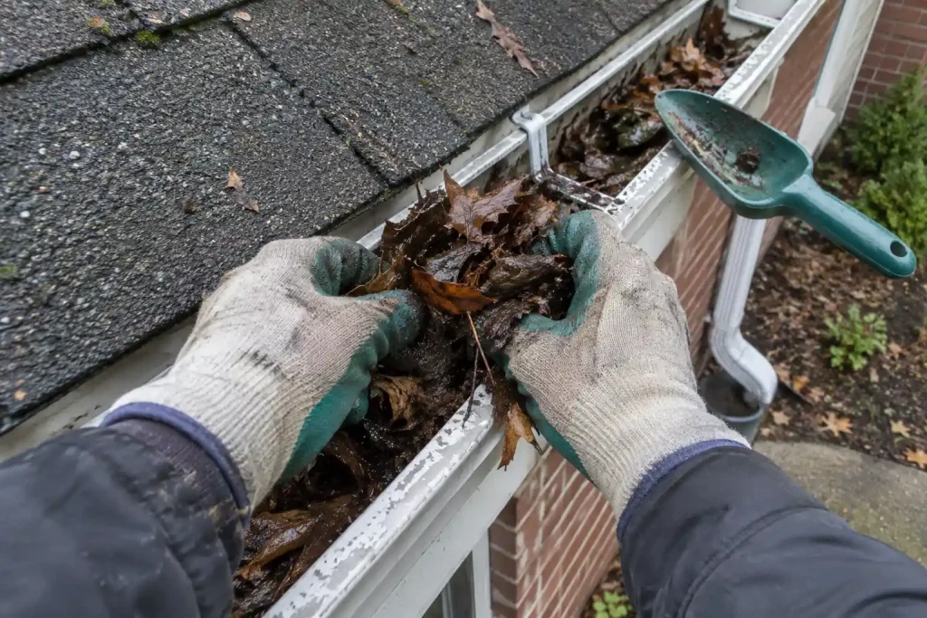 Handskklädda händer rensar löv ur takränna, del av arbetet med att skydda huset inför skyfallssäsongen.