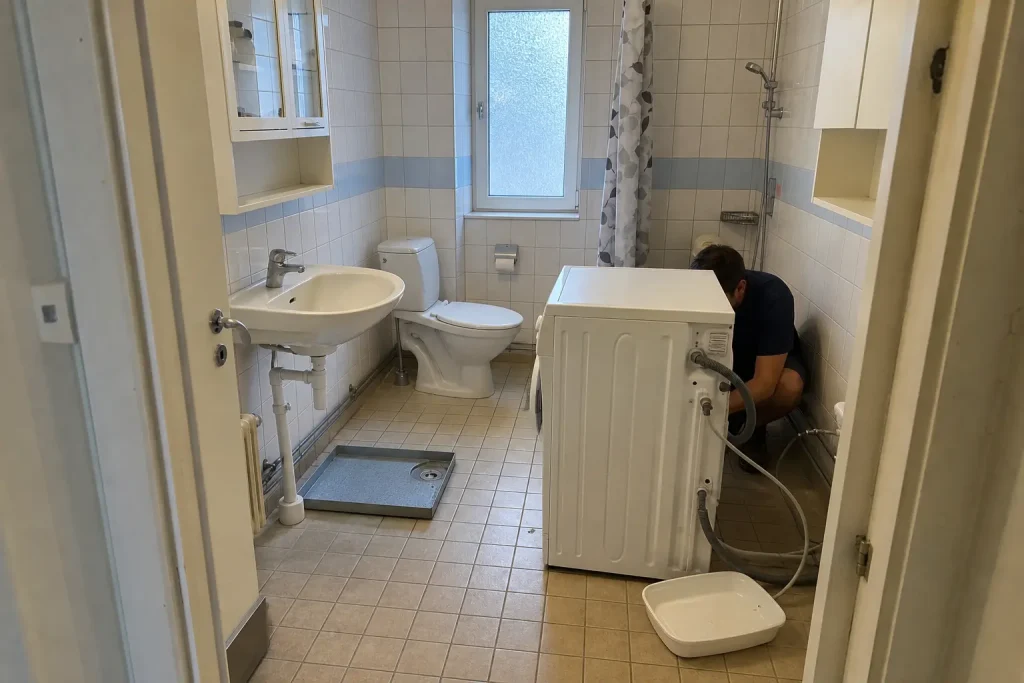 Tvättmaskin dragen ut från väggen i badrum med slangar synliga, en person böjer sig ner för att flytta tvättmaskin badrum