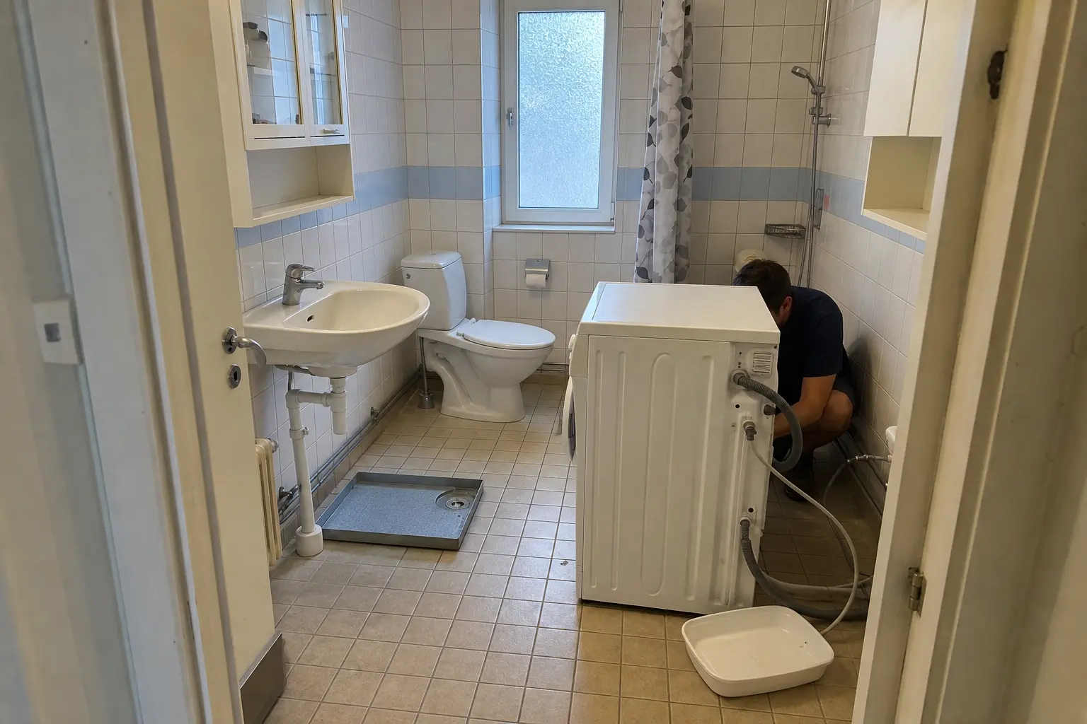 Tvättmaskin dragen ut från väggen i badrum med slangar synliga, en person böjer sig ner för att flytta tvättmaskin badrum