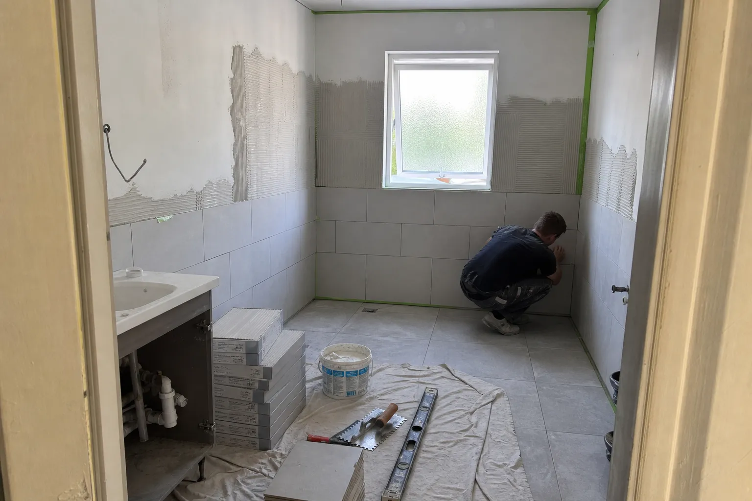 Badrum under renovering med nylagda kakelplattor och en hantverkare som kaklar väggen, relaterat till vad kostar det att k...