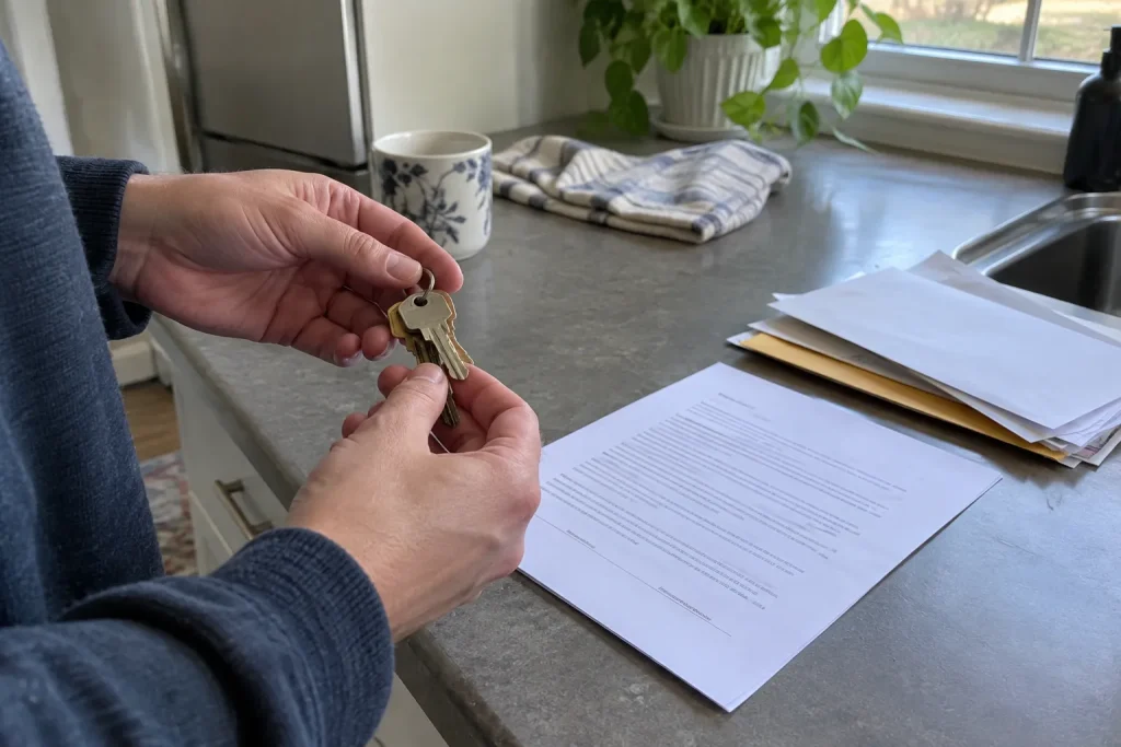 Ett par händer räcker över nycklar vid ett hyreskontrakt på köksbänken, hyra ut villa.