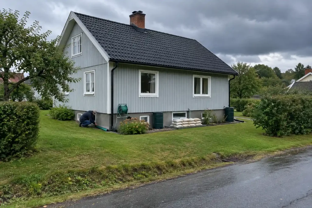 Husägare rensar stuprör och förbereder med sandsäckar inför skyfallssäsongen, mulen dag i villaträdgården.