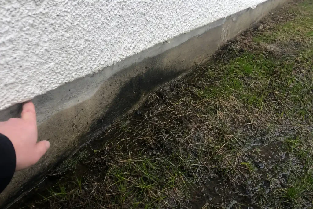 Närbild på fuktig husgrund med mörk rand längs sockeln, relevant vid dränering hus utan källare.