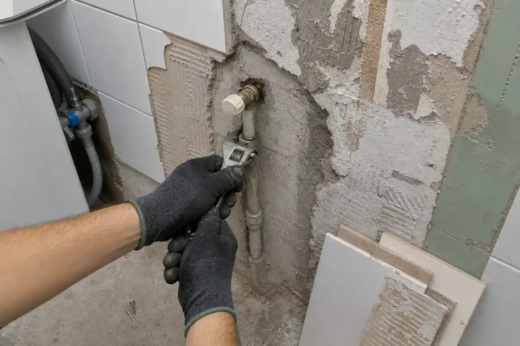 Handskbeklädda händer skruvar fast rörkoppling med skiftnyckel vid renovering inför att flytta tvättmaskin badrum.