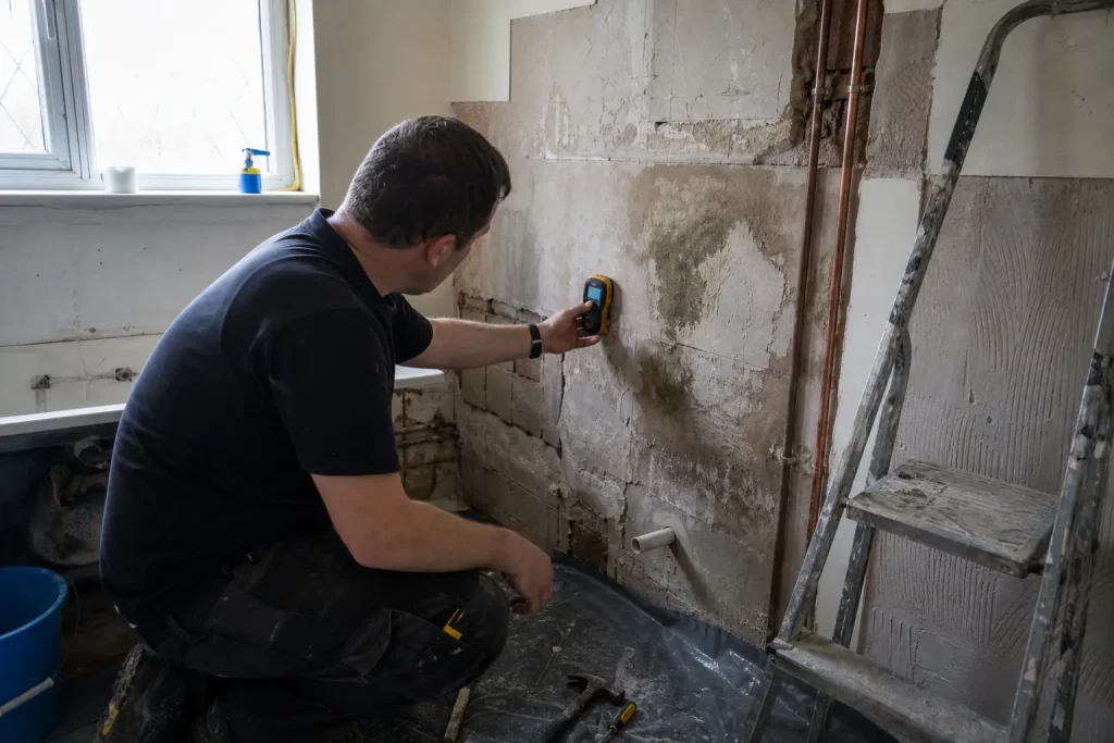 Hantverkare mäter fukt i badrumsvägg under renovering, relevant när man undrar vad det kostar att kakla ett badrum