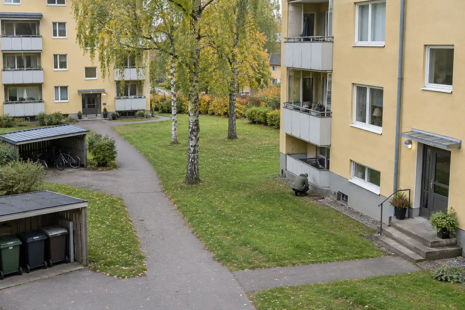Fastighetsförvaltning brf: person kontrollerar brunn och källarfönster vid gård med två hyreshus