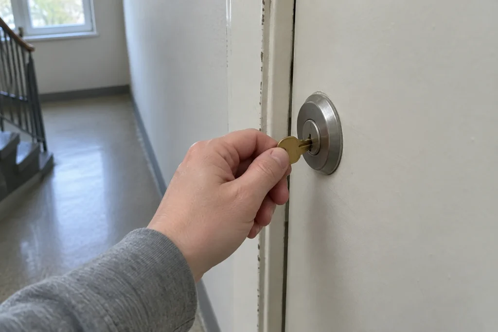 En hand sätter en nyckel i låset på en lägenhetsdörr, vid hyra andrahand