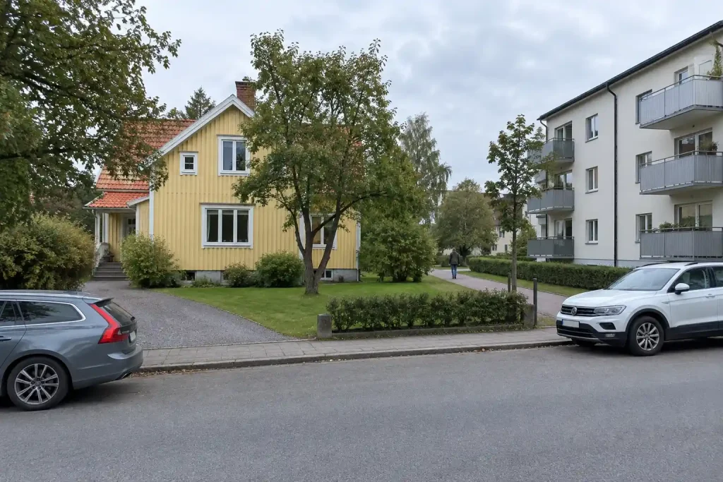 Stor gul villa och litet flerbostadshus längs en lugn gata, om downsizing kan ge miljoner från egna boendet