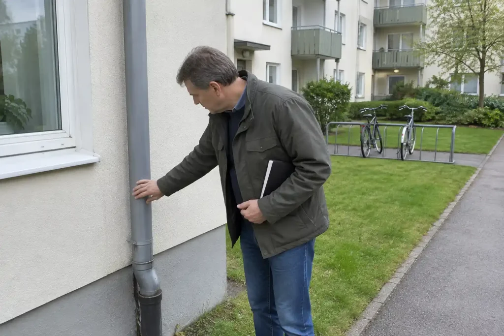 Man inspekterar stuprör vid husfasad i en brf, ett led i fastighetsförvaltning brf