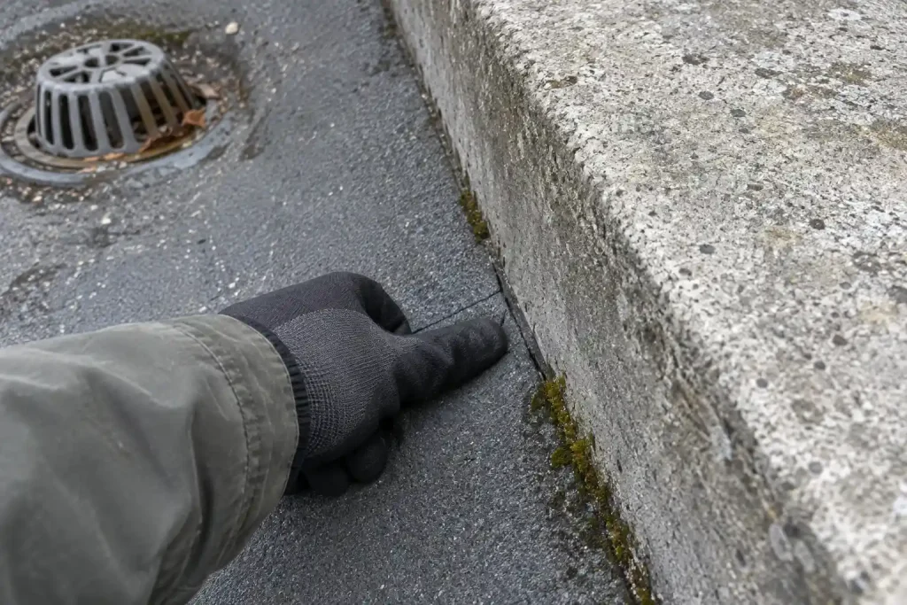 Handskbeklädd hand kontrollerar en spricka i takpapp, vardag inom fastighetsförvaltning brf