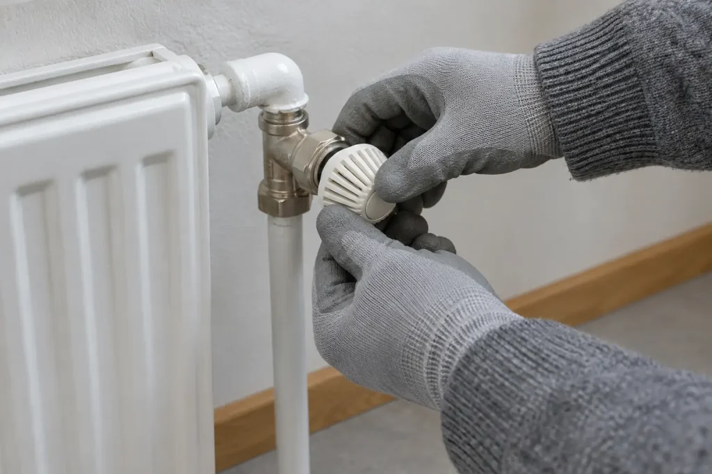 Händer i arbetshandskar vrider på radiatortermostat i hus som ger miljoner vid downsizing